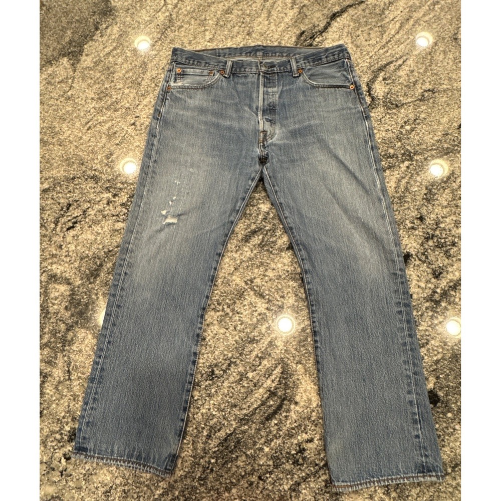 Levi's Jeans Mens 36x30 Blue 501 Straight Leg Button Fly Denim Work Distressed